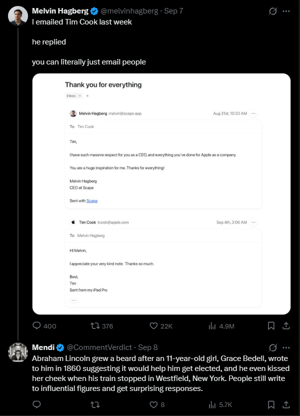 Screenshot of X: Melvin Hagberg’s post about emailing Tim Cook, with the email exchange attached, and beneath it the reply from Mendi (@CommentVerdict) about Grace Bedell’s letter to Abraham Lincoln.