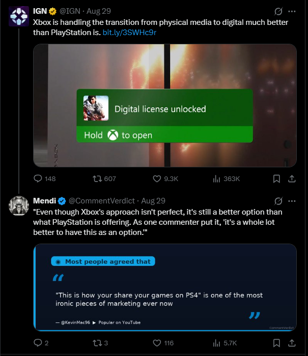 Screenshot of X: IGN’s post about Xbox handling the digital transition better than PlayStation, and beneath it the reply from Mendi (@CommentVerdict) quoting a YouTube commenter, with an attached quotation card.